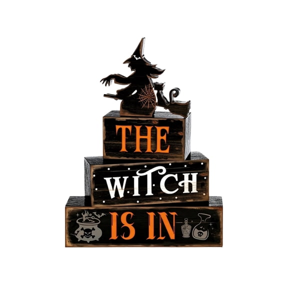 1 Set Wooden Witch Stacking Blocks Halloween Tabletop Decor Farmhouses Tray Centerpiece For Home Shelf Mantel