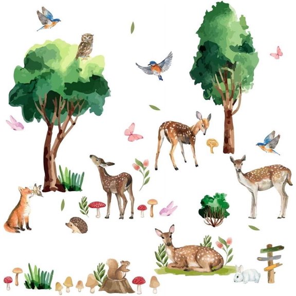 1 Set Woodland Animals Wall Decal Removable Wall Stickers Trees Wall Sticker Home Decor Wall Art Sticker DIY Art PVC Wall Decal Peel and Stick Decals