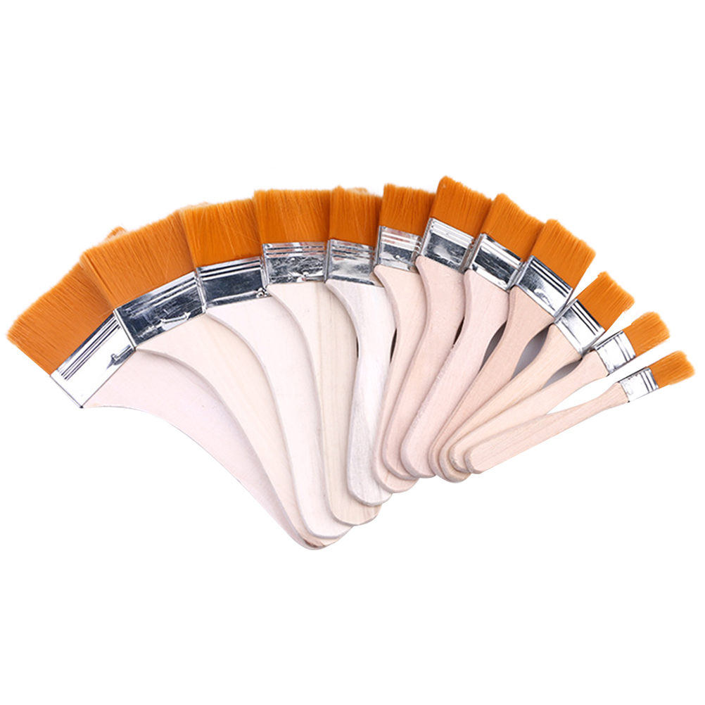 1 Set of 12Pcs Flat Nylon Hair Wooden Penholder Oil Painting Brush DIY Graffiti Flat Paintbrush