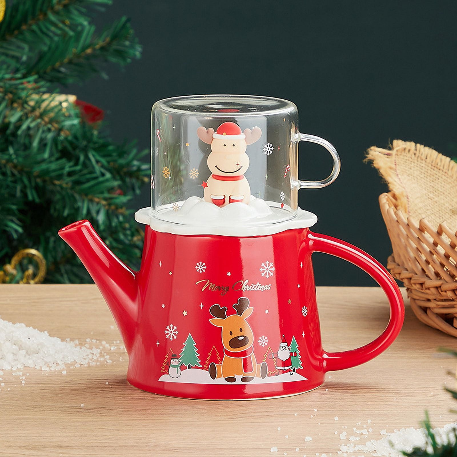 Abaodam 1 Set Christmas Kettle Cup Ceramic Tea Maker Christmas  Tea Kettle Porcelain Teapot Tea Pots for Loose Tea Christmas Teapot Tea Pot  for Home Office Cartoon Glass Small Teapot