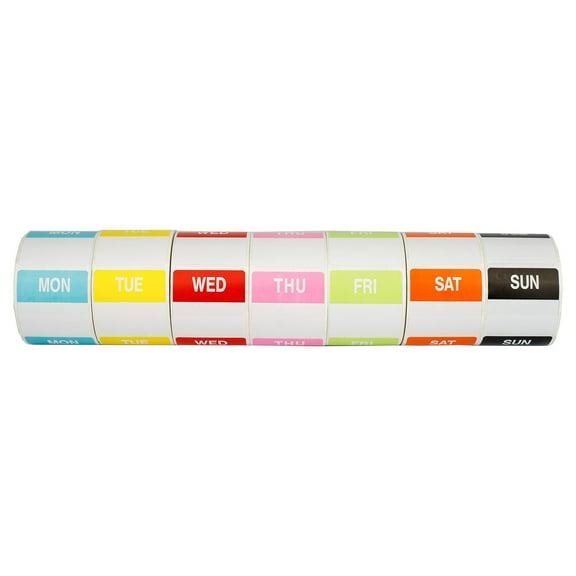 1 Set of Day of The Week Labels, Monday through Sunday, Multicolored, 500 labels per roll, 1-9/16" x 1-9/16" or 40mmx40mm (7 Rolls, 1 per Day)
