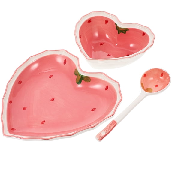 SEWCHICS Fashionable Ceramic Strawberry Serving Bowls Pink Color Multi Function Spoons Plates