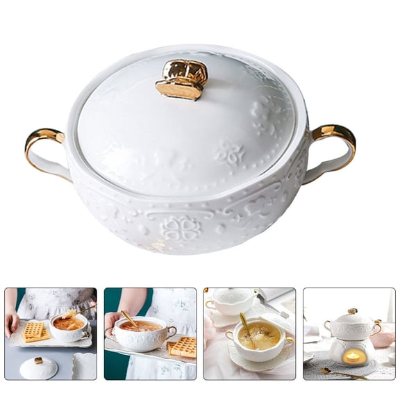 1 Set Ceramic Dessert Bowl with Lid and Double Handles for Fruit Salad and Soup
