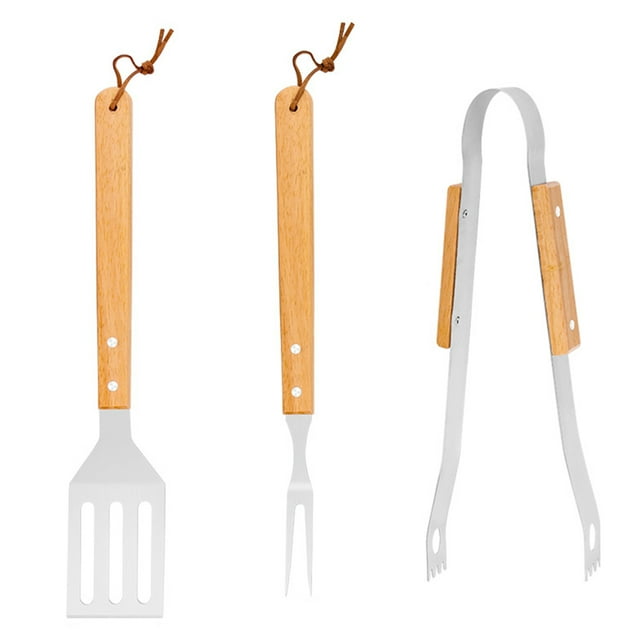 1 Set of Outdoor Grilling Supplies Wood and Stainless Steel BBQ Tools