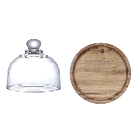 1 Set of Solid Wood Tray Mini Dessert Display Plate Cake Bread Holder with Glass Lid