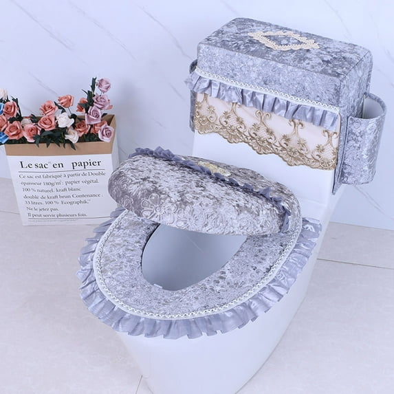 1 Set of Toilet Seat Covers Flannel Toilet Tank Cover: Plush Toilet Lid Cover with Side Pockets