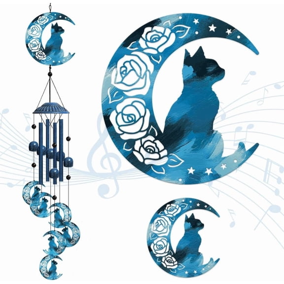 1 Sets Moon Cat Wind Chimes Outdoors Wind Chime Sympathy Memorial Windchime Iron Windchime Memorial Presents Hanging Windbell for Patio Backyard Home Garden Pendant Decoration - 30 Inch Colorful