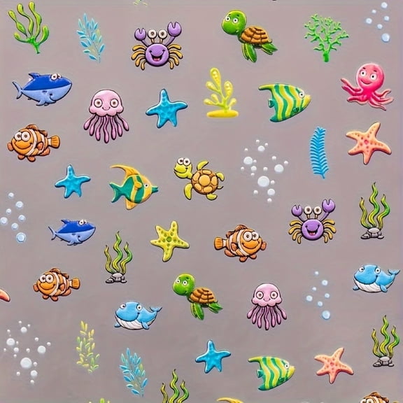 1 Sheet of 6D Embossed Marine Life Nail Stickers - Jellyfish, Crabs, Clownfish, Starfish, Seaweed, Coral, Turtles, Bubbles, Underwater World Theme for Personal Nail Art