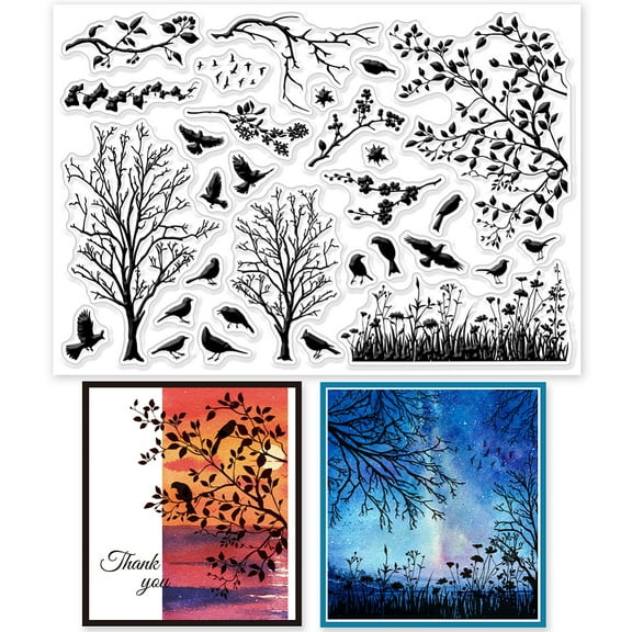 1 Sheet Bird Branch Silhouette Clear Stamps Birds Trees Clear Rubber Stamps Silicone Stamps for DIY Scrapbooking Photo Album Decorative Cards Making Home Decoration 8.35.8inch