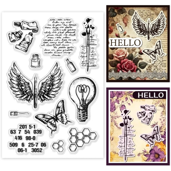 1 Sheet Clear Stamp Pen with Wings Butterfly Retro Rubber Clear Stamps Transparent Silicone Stamps Seal