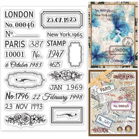 1 Sheet Date Postcode Clear Stamps City Name Silicone Stamps Label Flower Frame Transparent Rubber Seal Stamps for Card Making DIY Scrapbooking Crafting Photo Album Journal Decor