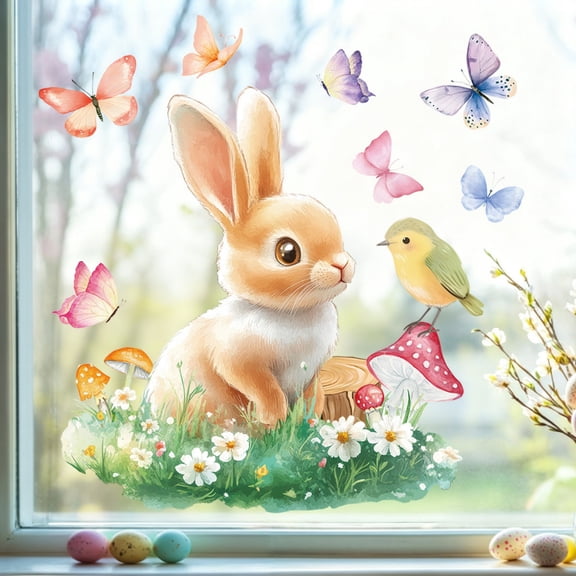 1 Sheet Easter Window Clings Electrostatic Spring Window Stickers for Glass Windows Easter Bunny & Butterfly Electrostatic Windows Stickers Decals Decorations Designs for Home Glass Supplies Decor