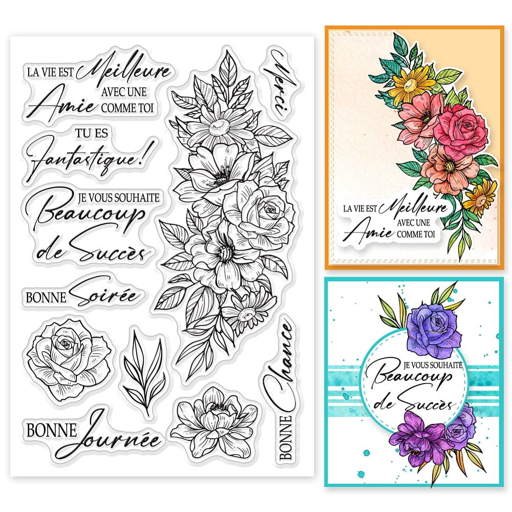 1 Sheet French Greetings Clear Stamps Flowers Background Silicone Clear ...
