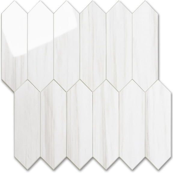 1 Sheet Glossy Dolomite White Backsplash Tile Peel and Stick, 12.8 x 12.8 Inch Long Hexagon PVC Self Adhesive Mosaic Wall Tiles Stick on Backsplash for Kitchen and Bathroom