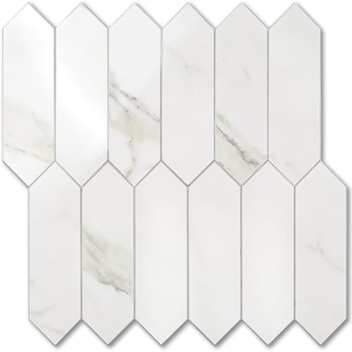 1 Sheet Glossy White Marble Backsplash Tile Peel and Stick, 12.8 x 12.8 Inch Long Hexagon PVC Self Adhesive Mosaic Wall Tiles Stick on Backsplash for Kitchen and Bathroom