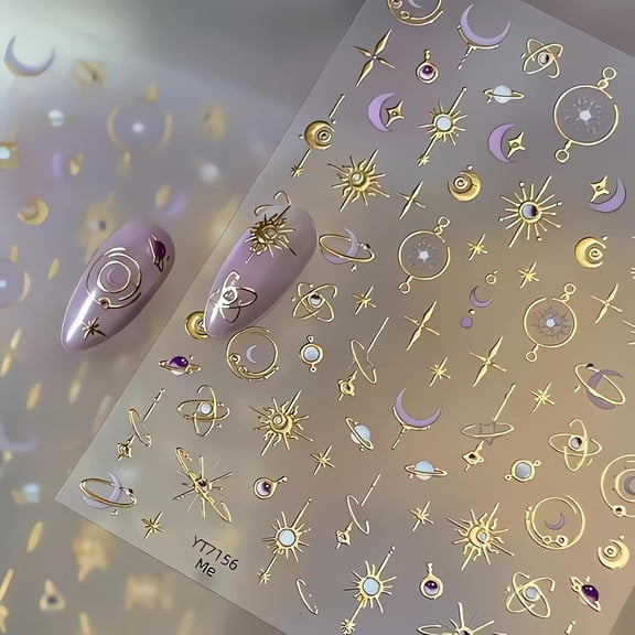 1 Sheet Gold Hot Stamping Star Moon Nail Stickers for Nail Art 5D Self Adhesive Moon Nail Art Stickers Gold Star Nail Decals Glitter Nails Design for Acrylic Nails Moon Star Nail Supplies for Women