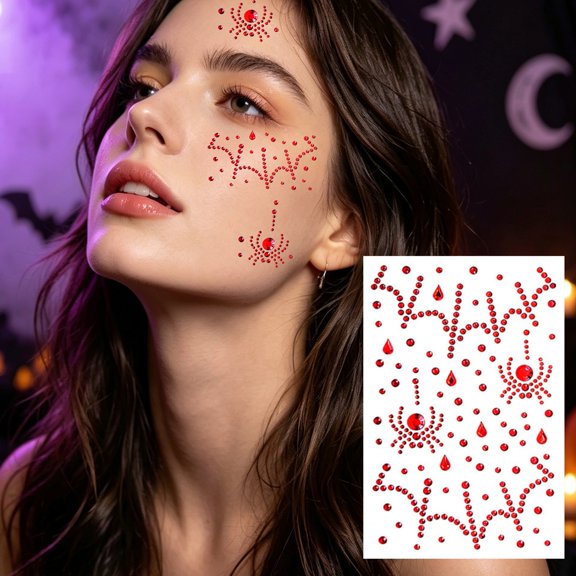 1 Sheet Halloween Face Gems Jewels Stickers Skull Spider Bat Face Rhinestone Makeup Festival Face Jewels Stick On Gems, Self-Adhesive Rhinestone Stickers for Halloween Makeup