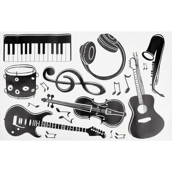 1 Sheet PVC Wall Sticker Music Notes Wall Decals Black Musical Instruments Wall Decor Removable Guitar Piano DJ Headphone Drums Saxophone Stickers