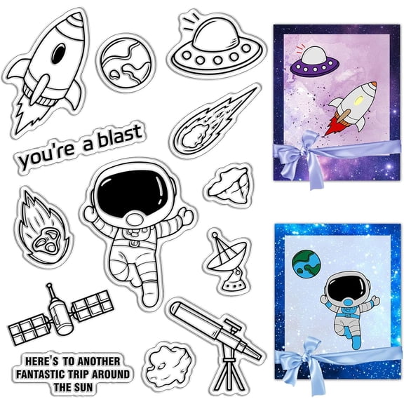1 Sheet Spaceship Clear Rubber Stamps Astronauts Rocket Space Telescope Word Transparent Postmark Silicone Seals Stamp Photo Album Decorative DIY Scrapbooking Paper Craft Film Frame