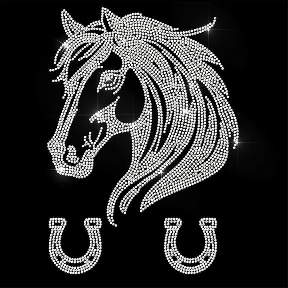 1 Sheet White Rhinestone Iron on Transfer Horse Horseshoe Bling Diamond Hotfix Patches for Clothes 11.6"x8.2" Large Iron On Sequin Applique