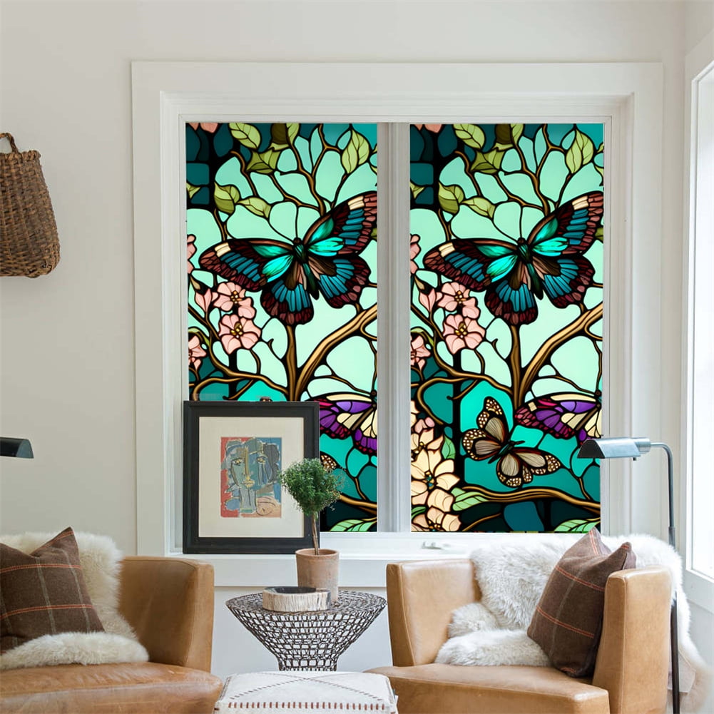 1 Sheet Window Privacy Film Floral, Removable Butterfly Window Stickers Privacy Decorative Glass
