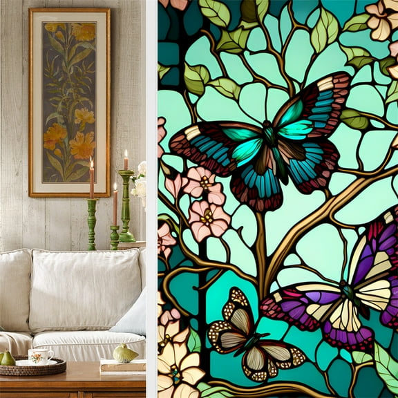1 Sheet Window Privacy Film Floral, Removable Butterfly Window Stickers Privacy Decorative Glass Window Cling Decals for Bathroom Bedroom Window Decor