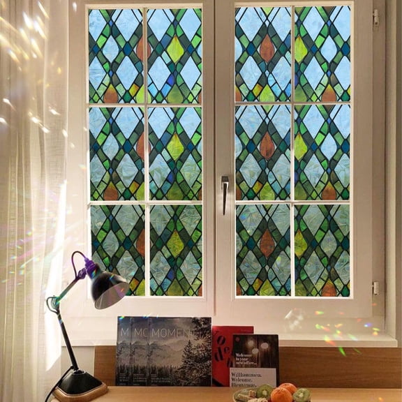 1 Sheet Window Privacy Film Rainbow Film Stained Glass Static Cling Decorative Window Sticker for Bathroom,Front Door,Home Heat Control UV Blocking Non Adhesive,Diamond Grid, 17.7"x39.4"