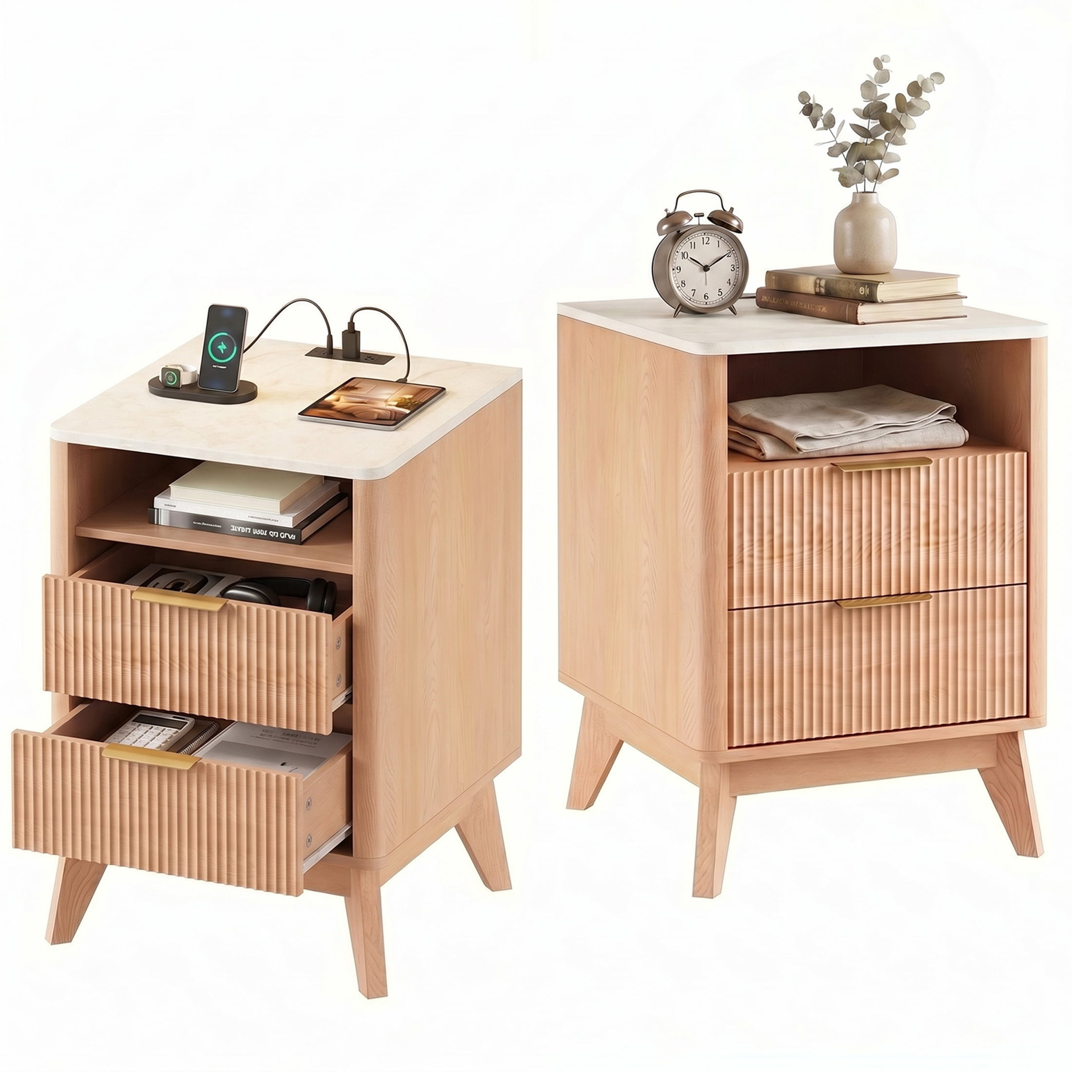 edx Nightstand with Charging Station, Modern Bedside Table, 2 Drawers & Open Shelf, for Bedroom, Office and Small Spaces, Accent Night Stand with Easy Assembly, Natural Wood