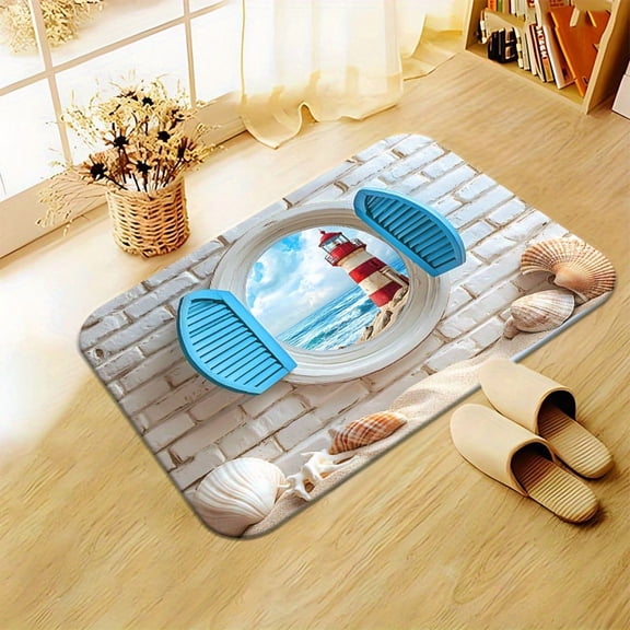 1 Shell & Lighthouse Print Floor Mat — Non-Slip Bathroom Rug; Absorbent Microfiber Mat, Machine Washable, Suitable for Outdoor Porches, Kitchens, Living Rooms, Bathrooms, or Office Decor.