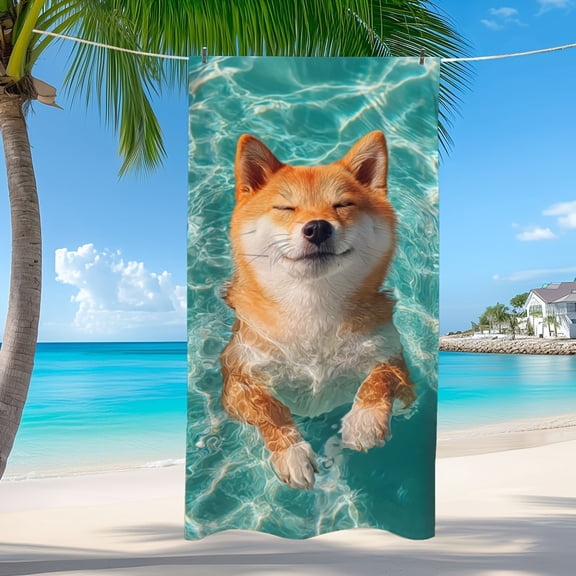 1 Shiba Inu printed beach towel for bathing in the pool, healing cute pet bath towel, suitable for seaside vacations, beach parties, outdoor camping scenes, and ideal gifts for friends