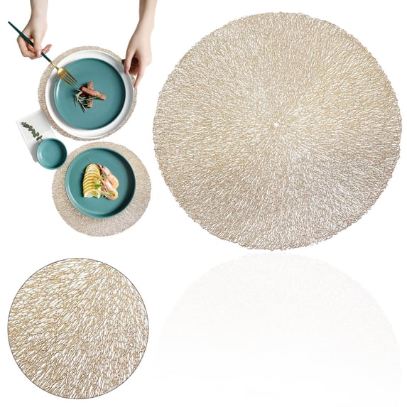 1 Silver Circular Placemat Set 15 Inch Vinyl Placemat Non Heat Washable PVC Hollow Table Mat Used For Dinner Table Decoration, Gold