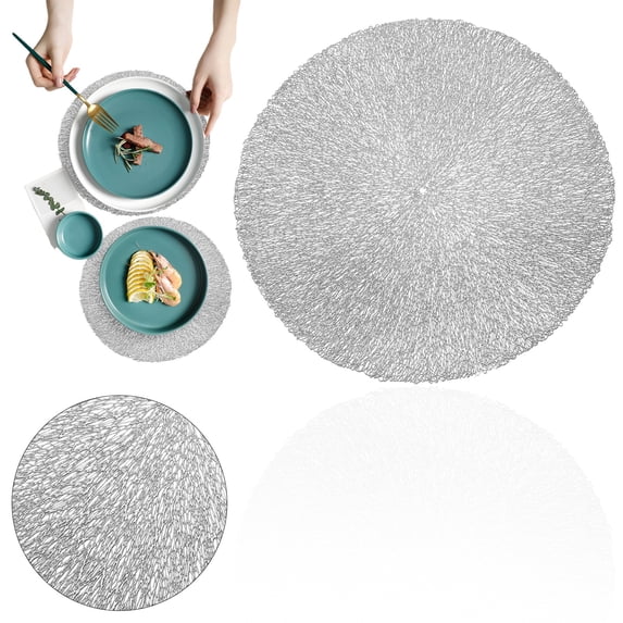 1 Silver Circular Placemat Set 15 Inch Vinyl Placemat Non Heat Washable PVC Hollow Table Mat Used For Dinner Table Decoration, Silver