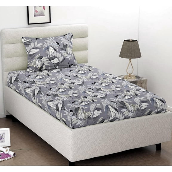 1 Single Bedsheet With One Pillow Cover - 60 X 90 Inches, Grey & Black | Super Soft Premium Brushed Glace Cotton Bedsheet, Breathable & Wrinkle Free