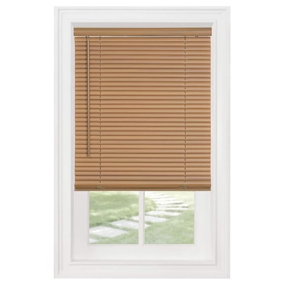 1" Slats Cordless Window Blinds, 64L x 35W Inches Solid Pattern Light Filtering Vinyl Indoor-Outside Ceiling Mount Mini Blind, Manual Cordless Rollup Window Privacy Blinds, Woodtone