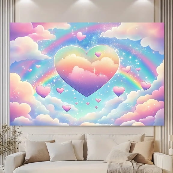 1 Soft Rainbow Heart-Shaped Tapestry Shimmering Nebula Wall Decor, Lightweight Polyester Banner; Ideal for Room Decoration, Birthday Party Backdrops, and Photography Sets