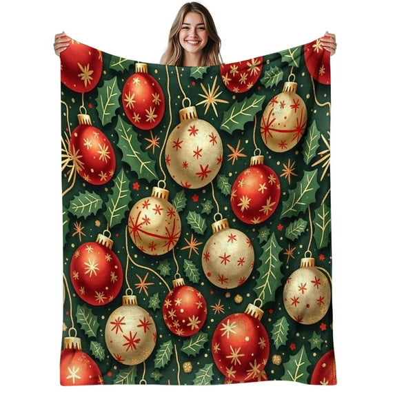 1 Soft and Warm Flannel Blanket - All-Season Comfort Blanket - Red and Gold Christmas Decorative Design