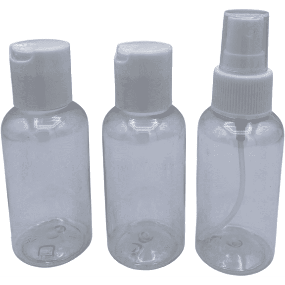 1-Spray Bottle and 2-Disc Top Combo Travel Bottles for Liquids Toiletries Shampoo Lotion Conditioner - 3oz each / 88ml - 3-Pack (Clear)