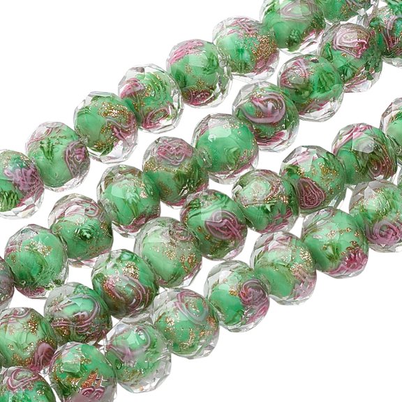 1 Starnd Handmade Gold Sand Lampwork Beads Strands Inner Flower Faceted Rondelle Medium Aquamarine 9~10x7~8mm Hole: 1.5~2mm about 60pcs/strand