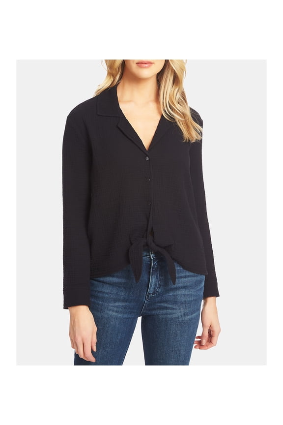 Button Up Tie Front Shirt Rich Black M