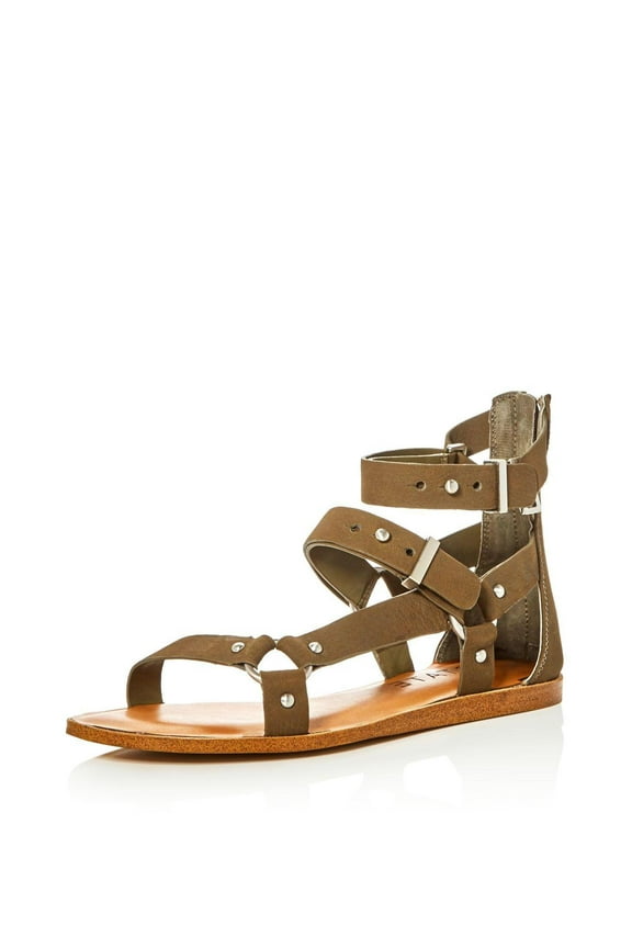 Channdra Grasshopper Green Leather Embellished Flat Buckle Chic Sandals (Green Leather, 6)