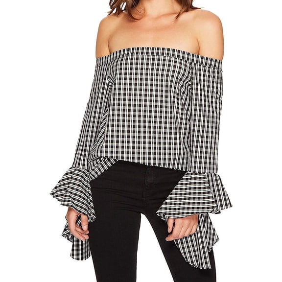 1.State Gingham Ruffled Off The Shoulder Top Gingham / Blacks M