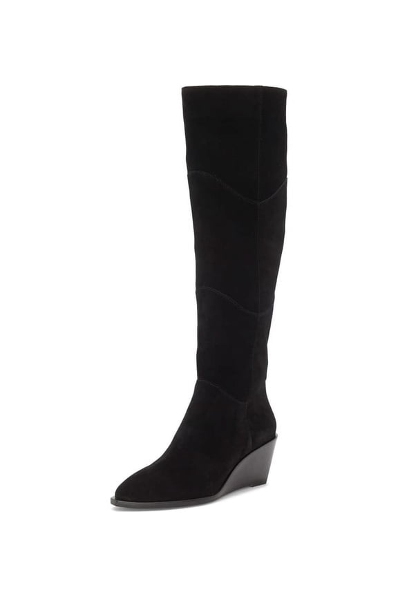 Kern Black Soft Suede Knee High Low Wedge Pointed Toe Dress Boots (Black, 9.5)