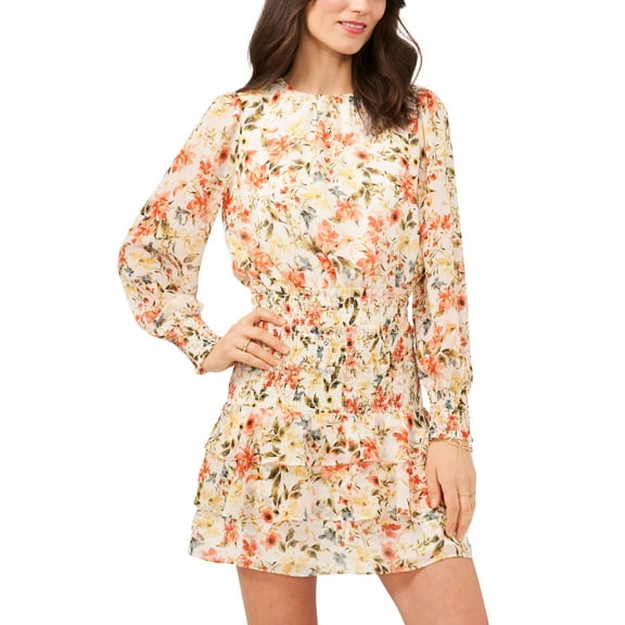 1.State Long Sleeve Smocked Tiered Skirt Crewneck Dress Daybreak Watercolor M