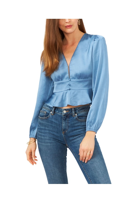 Long Sleeve V Neck Button Front Peplum Top Porcelain Blue M