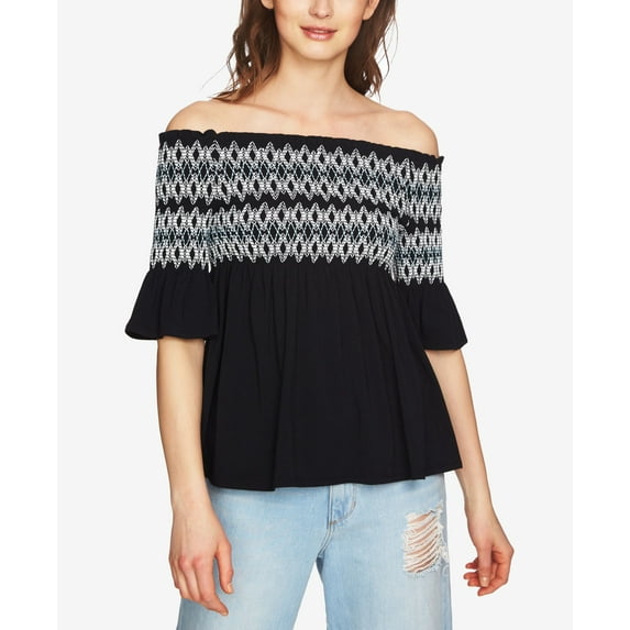 1.State Smocked Off-The-Shoulder Top (Rich Black, XS)