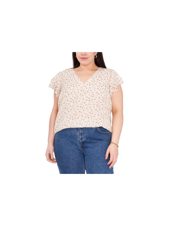 Trendy Plus Size Floral Print Flutter Sleeve Top Flora Soft Rosettes 3X