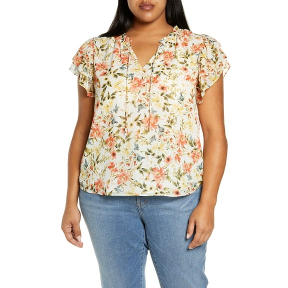 1.State Trendy Plus Size Printed Flutter Sleeve Top White Watercolor 2X