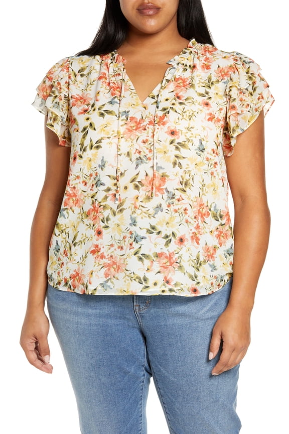 Trendy Plus Size Printed Flutter Sleeve Top White Watercolor 2X