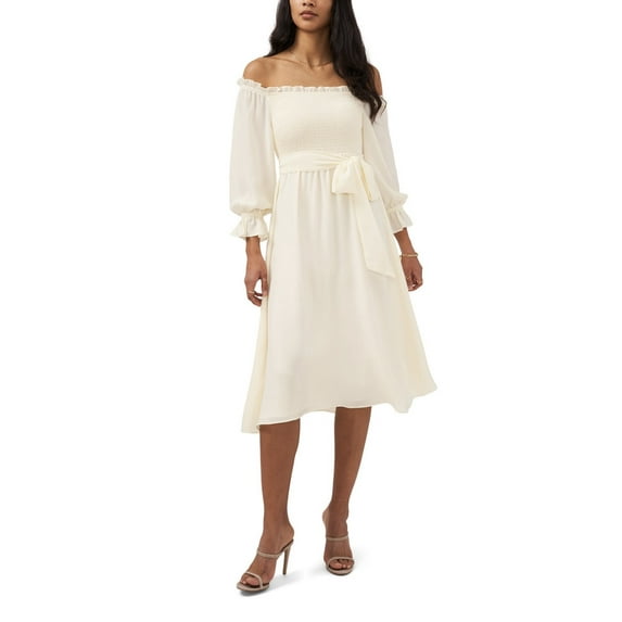 1.State Women's Off The Shoulder Bubble Sleeve Smocked Dress New Ivory Size XL