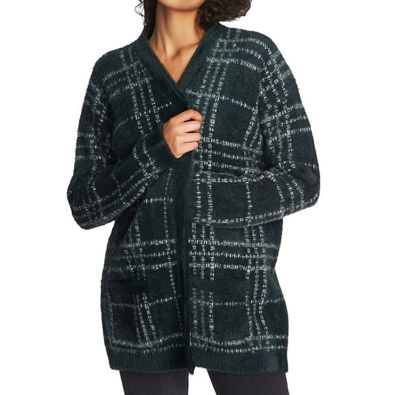 1.State Women's Sweater Plaid Eyelash Fuzzy Cardigan   Green XS